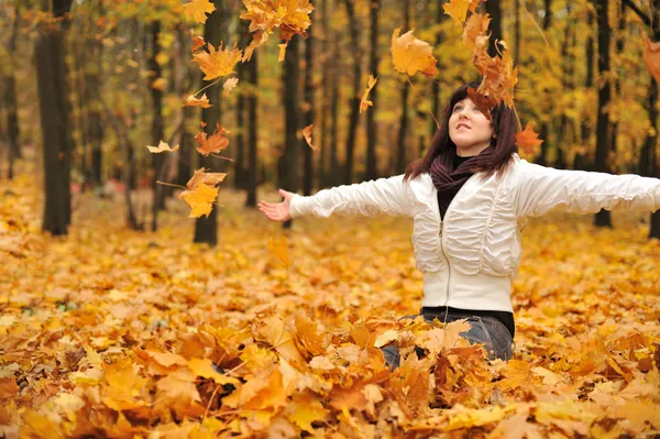 Het meisje in de herfst bladeren — Stockfoto