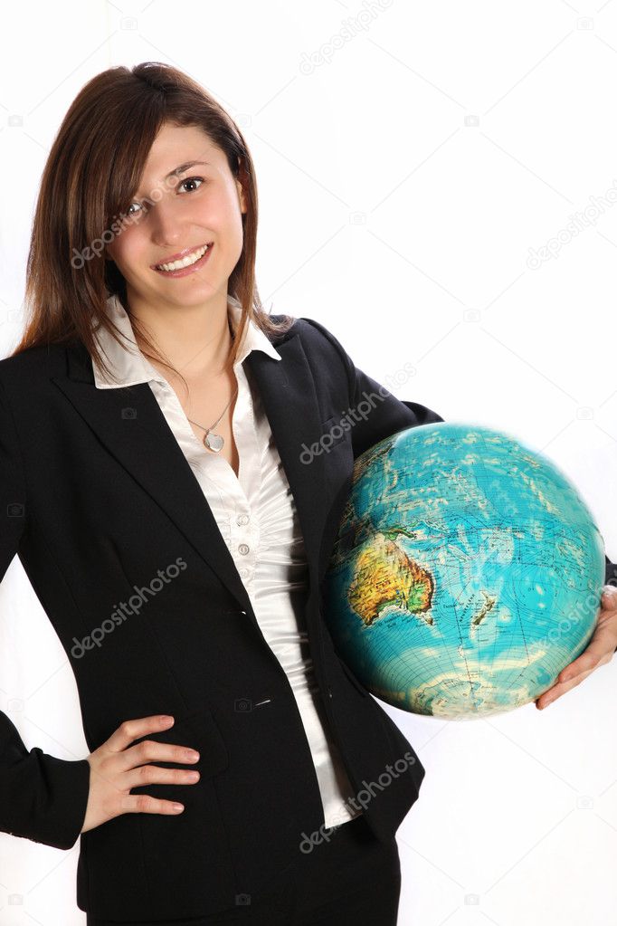 Woman carrying a globe under his arm.