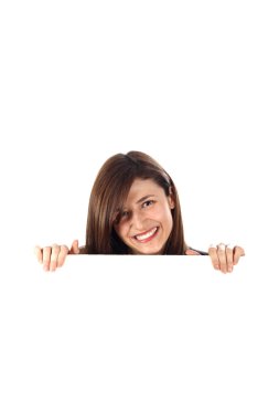 Woman looks out from behind an unmarked clipart