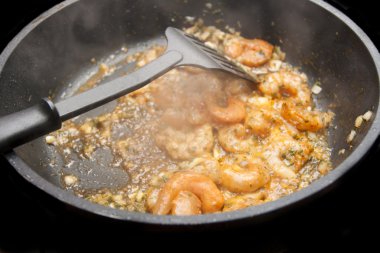 Pan with fresh shrimp clipart