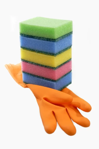 Gumové rukavice s houby — Stock fotografie