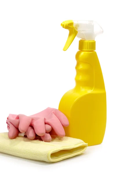 Butelka z rozpylaczem z różowe rękawiczki — Zdjęcie stockowe