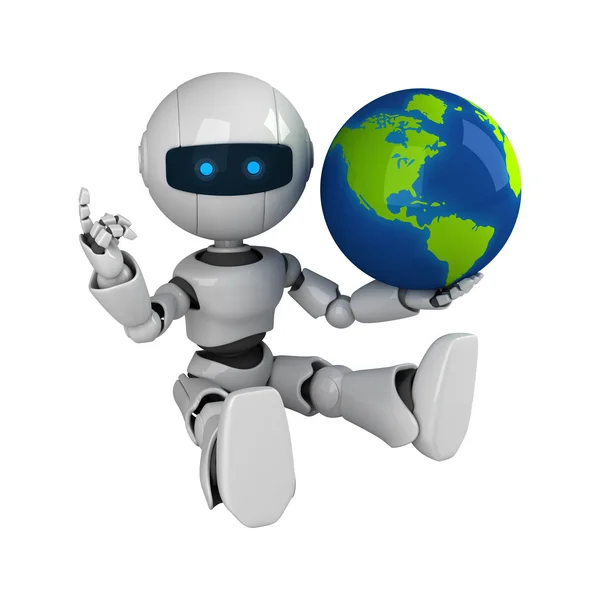 Funny robot sit with globe — Stock Photo, Image