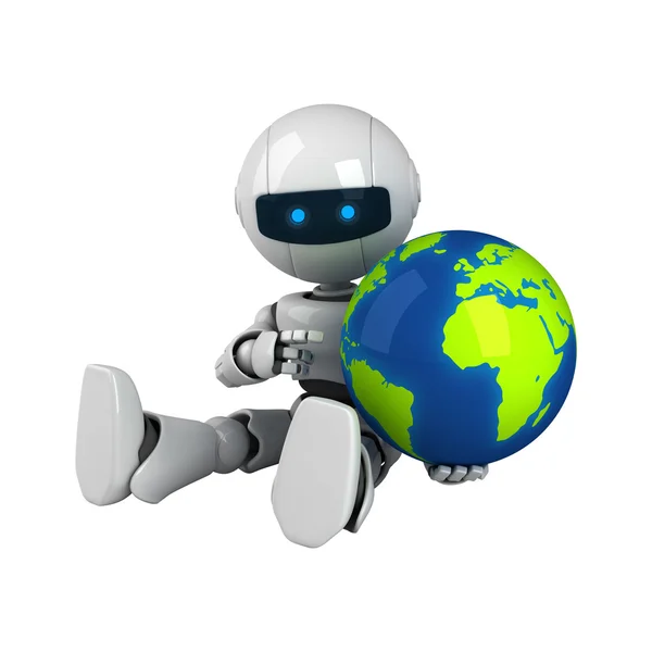 Lustiger Roboter sitzt mit Globus — Stockfoto