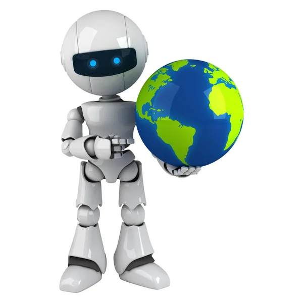 Funny robot sit with globe and point — Stock Photo, Image