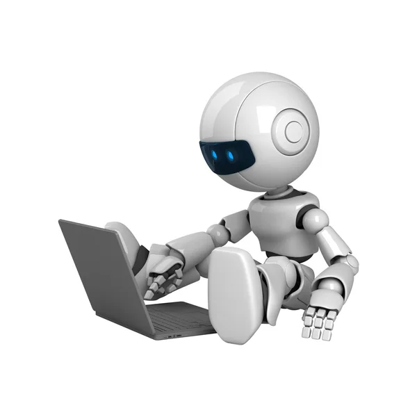 Lustiger Roboter sitzt mit Notizbuch — Stockfoto