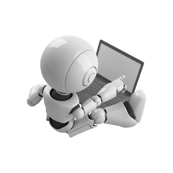 Grappige robot zitten met laptop — Stockfoto