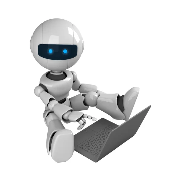 Забавный робот сидит с ноутбуком — стоковое фото