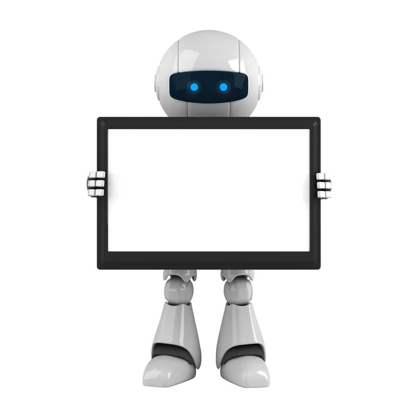 Αστεία ρομπότ κρατήστε υπολογιστή ψηφιακή δισκίο — Φωτογραφία Αρχείου