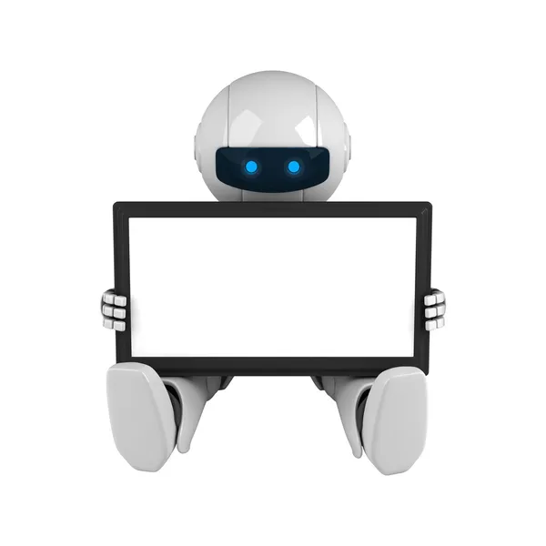 Смешной робот держит цифровой планшет — стоковое фото
