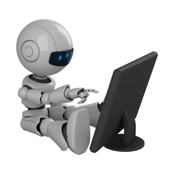 Grappige robot zitten en monitor — Stockfoto