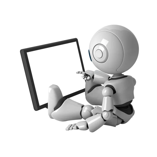 Grappige robot zitten en monitor — Stockfoto