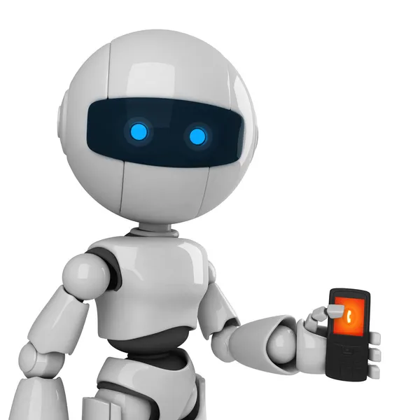Funny robot stay and hold mobile phone — Stock Photo, Image