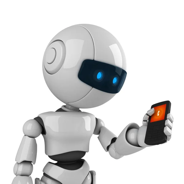 Robô engraçado ficar e segurar o telefone móvel — Fotografia de Stock