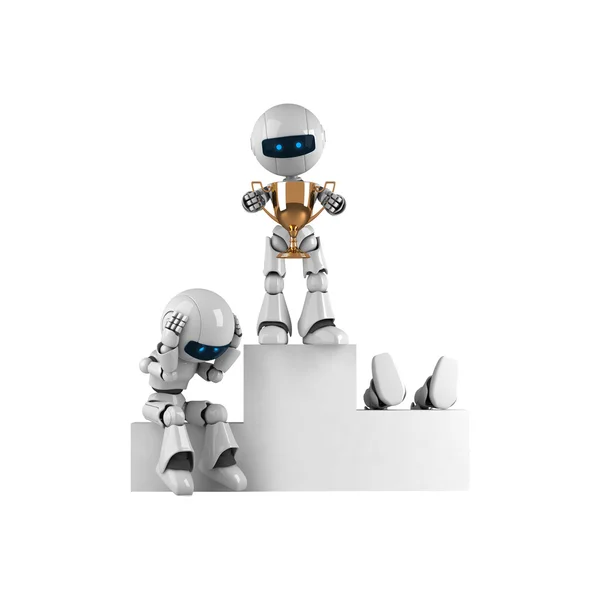 Grappige robots blijven met trofee kop — Stockfoto