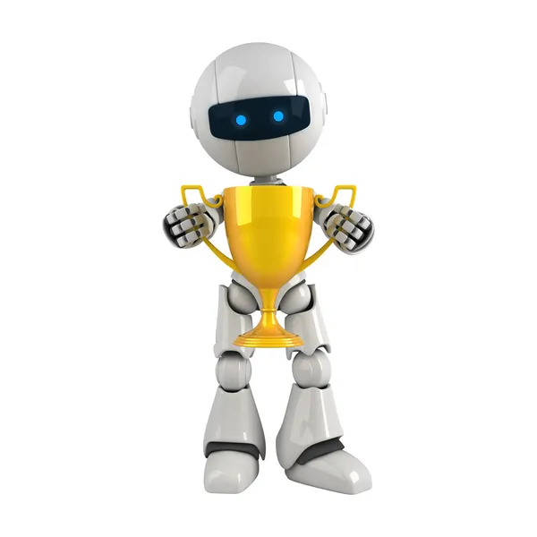 Funny robot stay with gold trophy cup — Stock Photo, Image