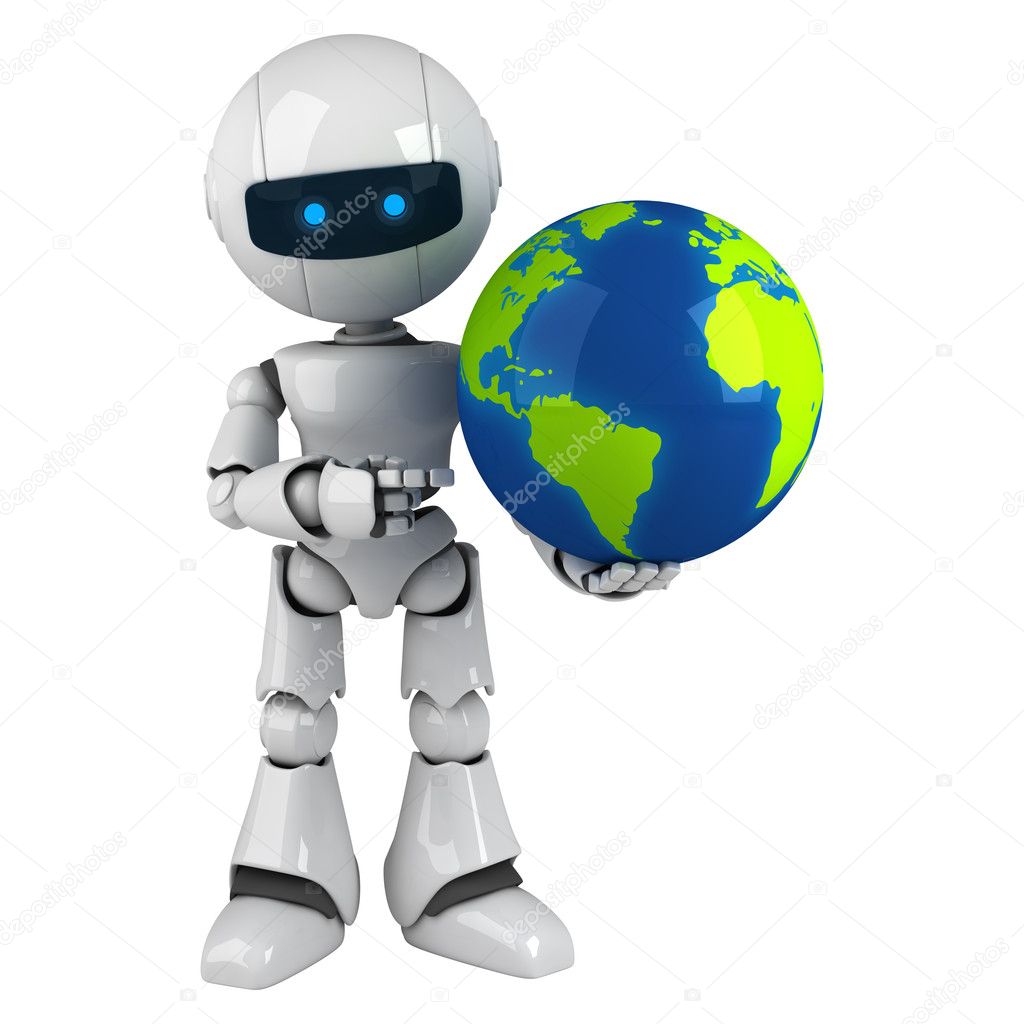 Funny robot sit with globe and point