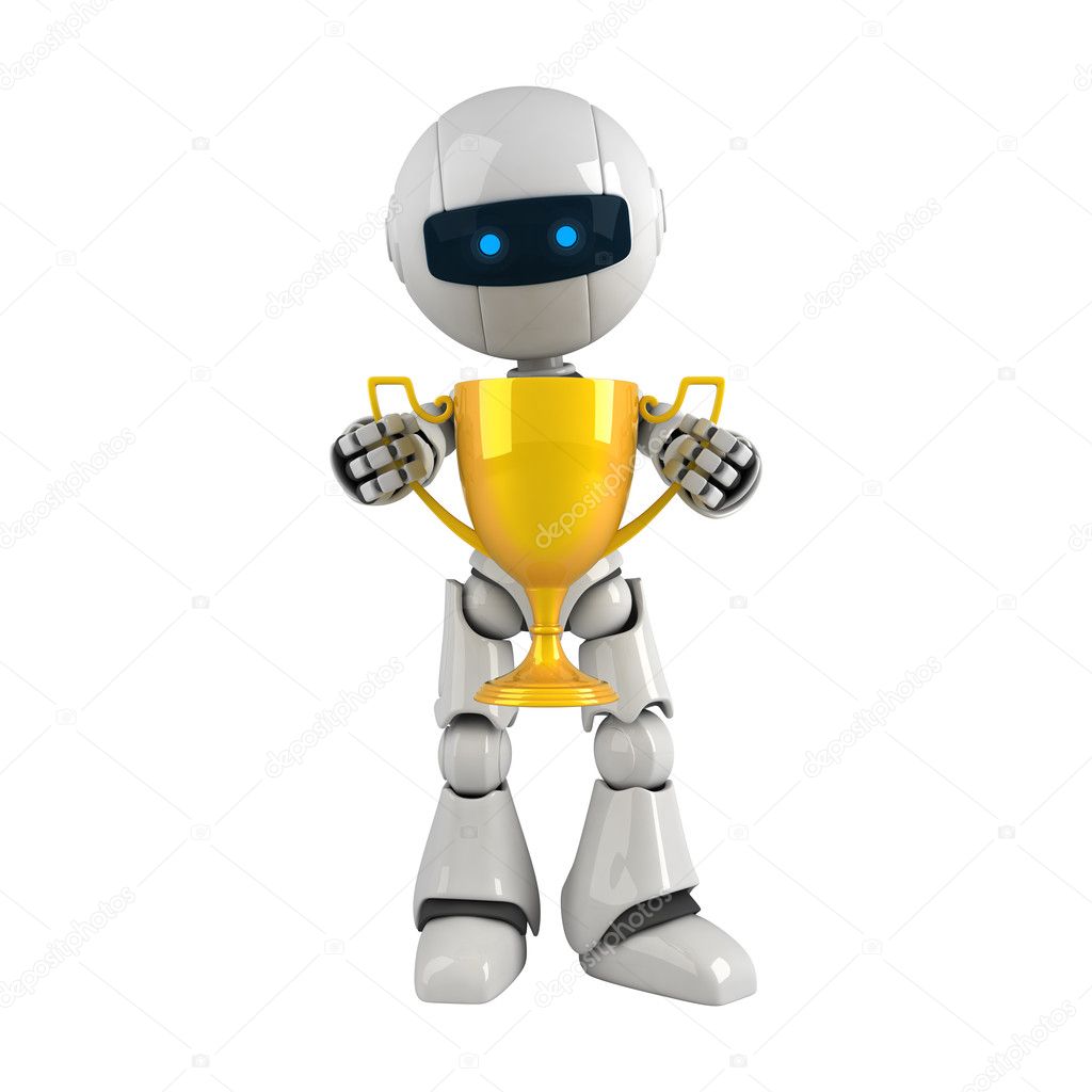 Funny robot stay with gold trophy cup