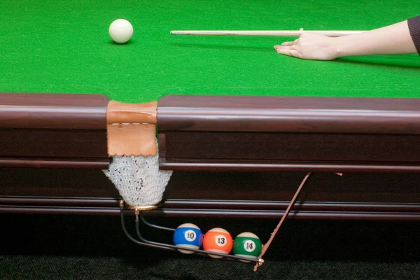 Pool table with balls in pocket — Stock Photo, Image