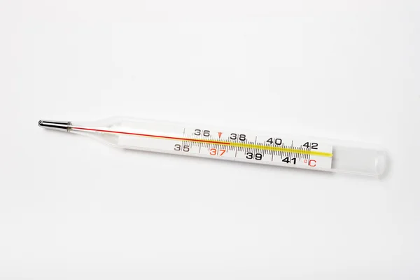 Termômetro com indicador de temperatura vermelho mostrando 37,6 graus — Fotografia de Stock