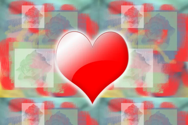 Coração vermelho brilhante em fundo abstrato com rosas — Fotografia de Stock