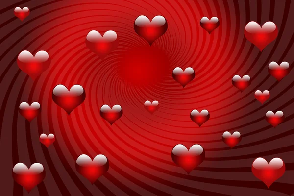 不同大小的发光的红色的心在漩涡 — 图库照片