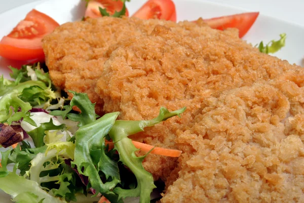 Bife de peixe empanado com salada orgânica — Fotografia de Stock