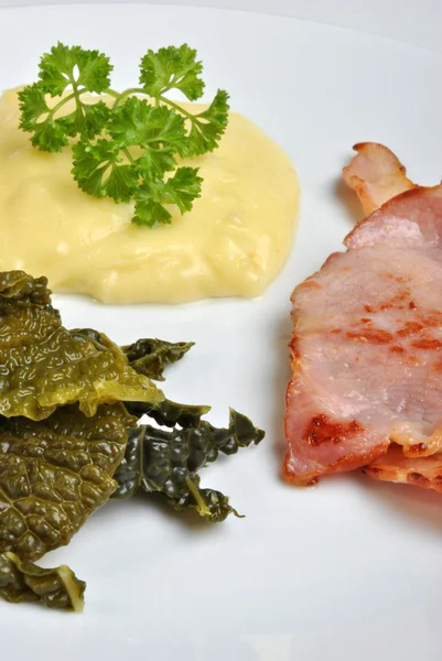 Bacon, cabbage and mashed potato — Stock Photo, Image