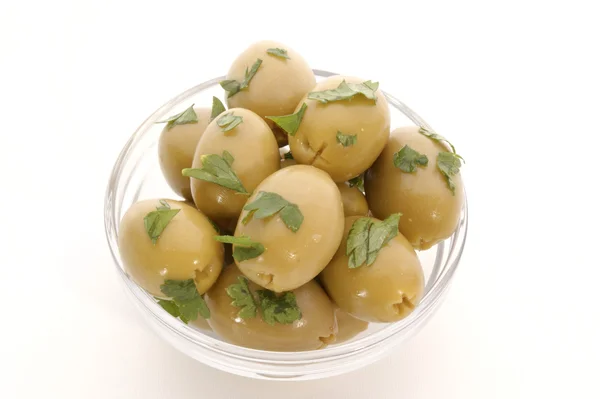 Green olive with oil and parsley — Stock Photo, Image