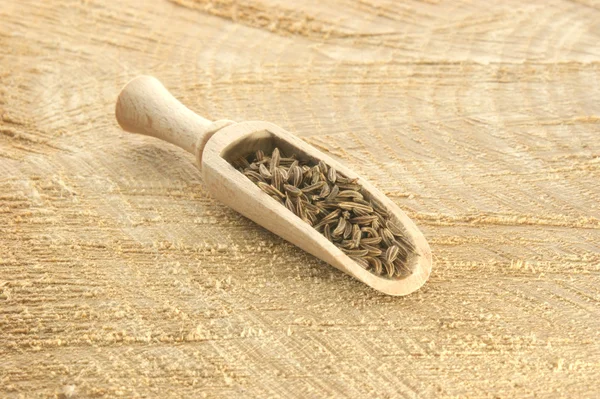 Nasiona kminku w drewnianą łopatą — Zdjęcie stockowe