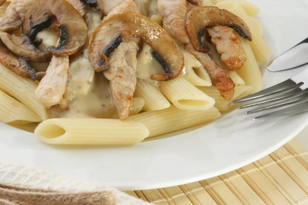 Pasta with mushroom and meat — Stock Photo, Image