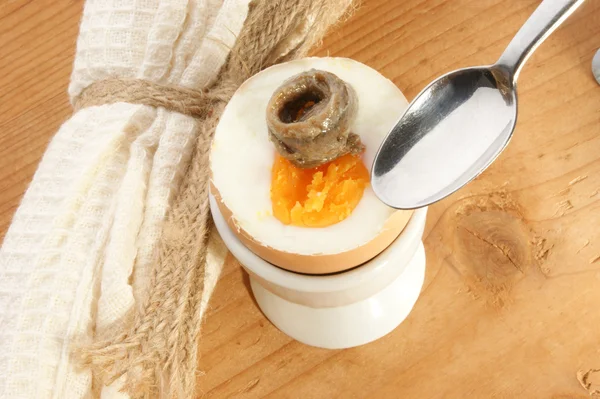 Huevo cocido con anchoa — Foto de Stock
