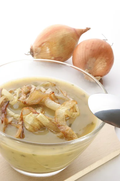 Homemade onion soup in a glass bowl — Stock Photo, Image