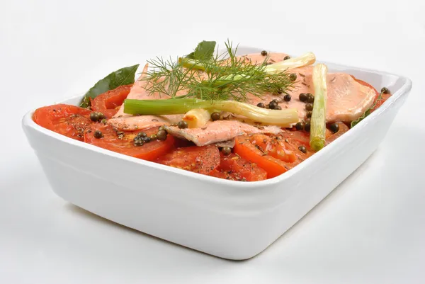 Steamed trout with organic tomato — Stock Photo, Image