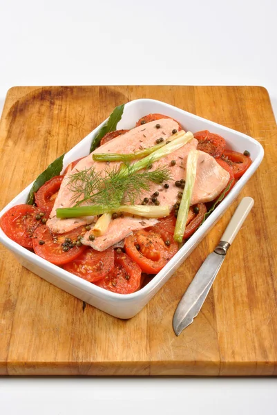 stock image Smoked trout with grilled tomato