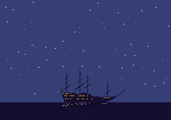 Paisaje marino nocturno con el buque y las estrellas — Archivo Imágenes Vectoriales