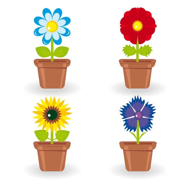 Set di quattro fiori in vasi da fiori — Vettoriale Stock