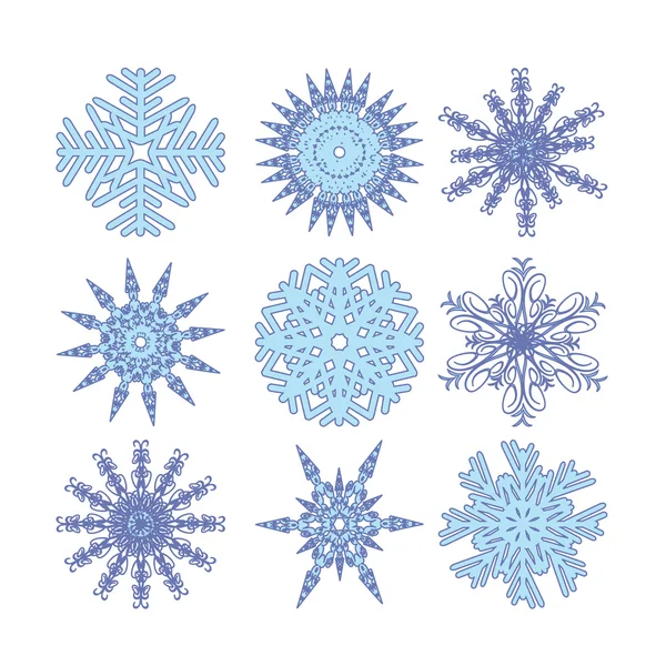 Schneeflocken in neun Farben — Stockvektor