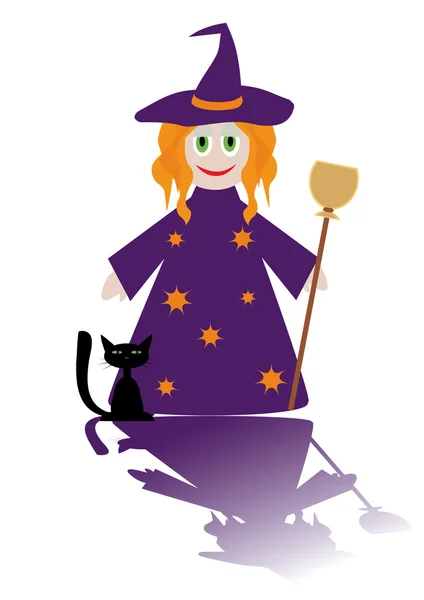Zeichentrickfigur der kleinen Hexe mit Katze — Stockvektor