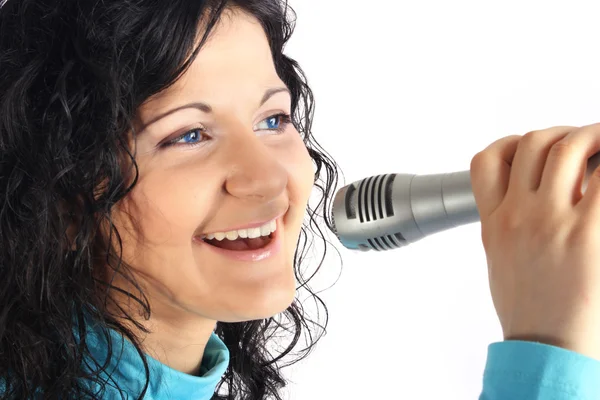 Menina bonita com microfone — Fotografia de Stock