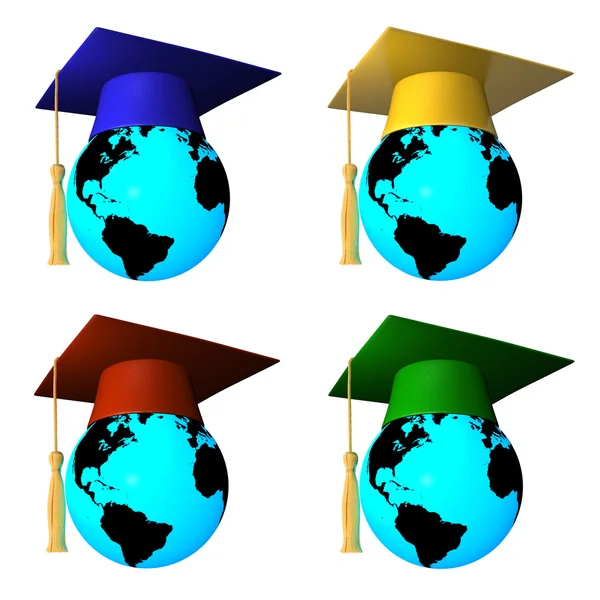Glober med avläggande av examen mössa — Stockfoto