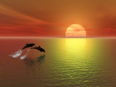 Sunset and dolphins clipart