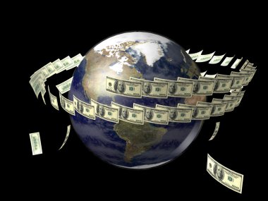 Earth with flying dollars around it clipart