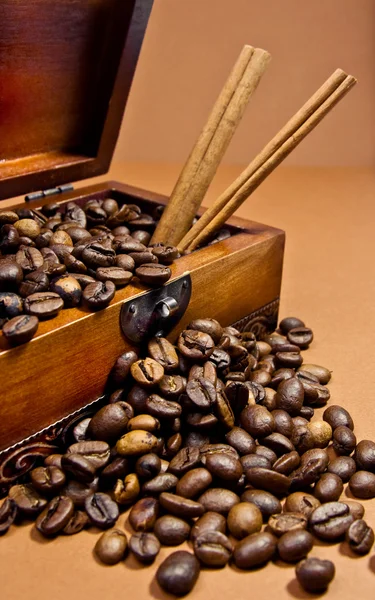 Grains de café et bâtonnets de cannelle — Photo