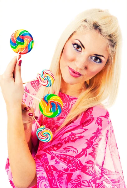 Beautiful blonde with lollipops — Stock Photo, Image