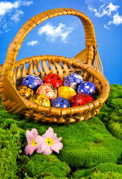 Painted Easter eggs in a basket — Stock Photo, Image
