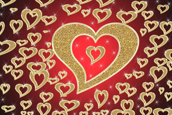 Goldene Herzen auf rotem Hintergrund — Stockfoto
