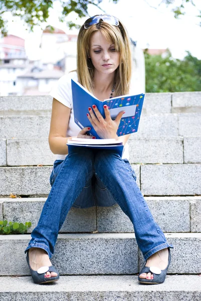 Joven hermosa mujer sosteniendo libros — Foto de Stock