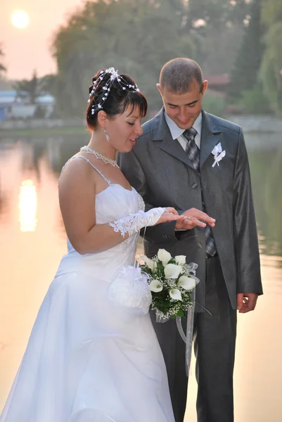 Casal casado ao pôr do sol — Fotografia de Stock