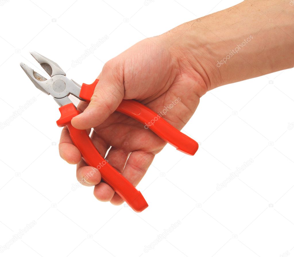 Red combination pliers held in hand
